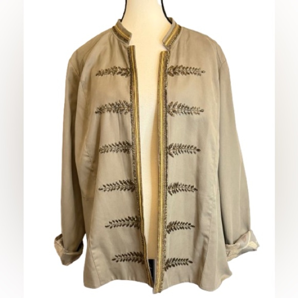 Chico’s Embellished Lyocell Jacket Size 3 Olive Beige Gold Trim Boho Open